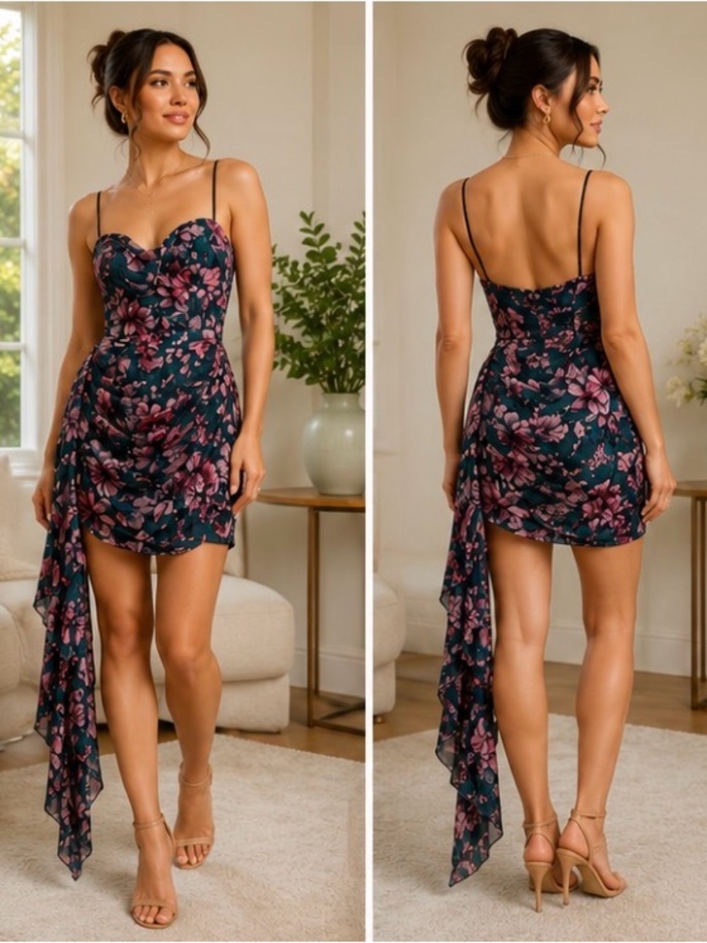 Katie May Teal Mini Dress with Pink Floral Print and Draped Side Strapless!